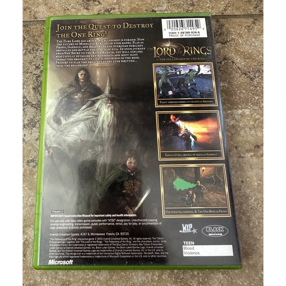 Lord of the Rings The Fellowship the Ring Xbox Game W/Manual